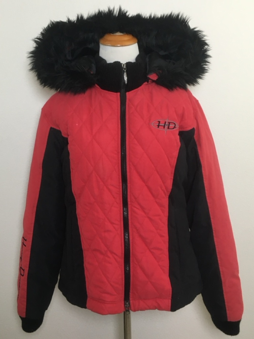 Harley Davidson | Red Quilted Hooded Jacket with Black Panels and Faux Fur